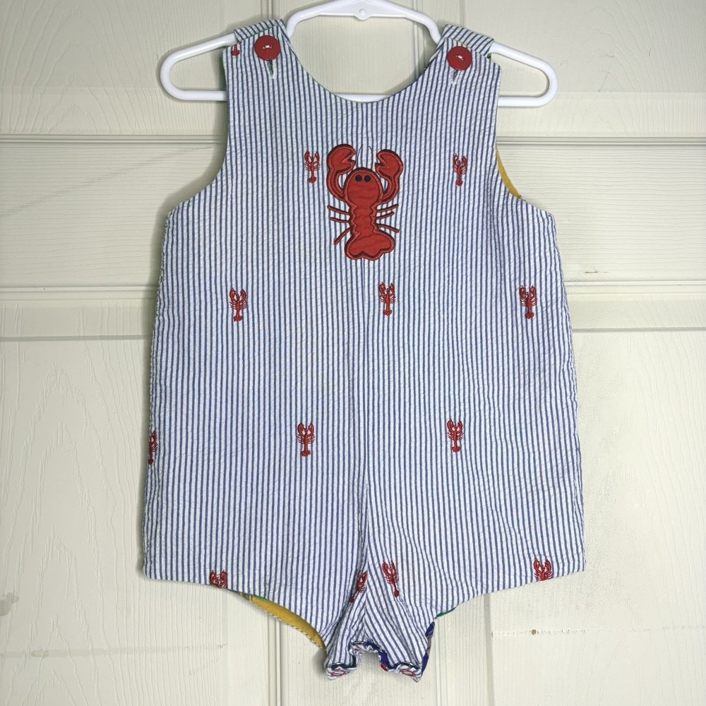 Blue‎ Striped Lobster Louisiana Patchwork Short Sleeve Romper One-Piece